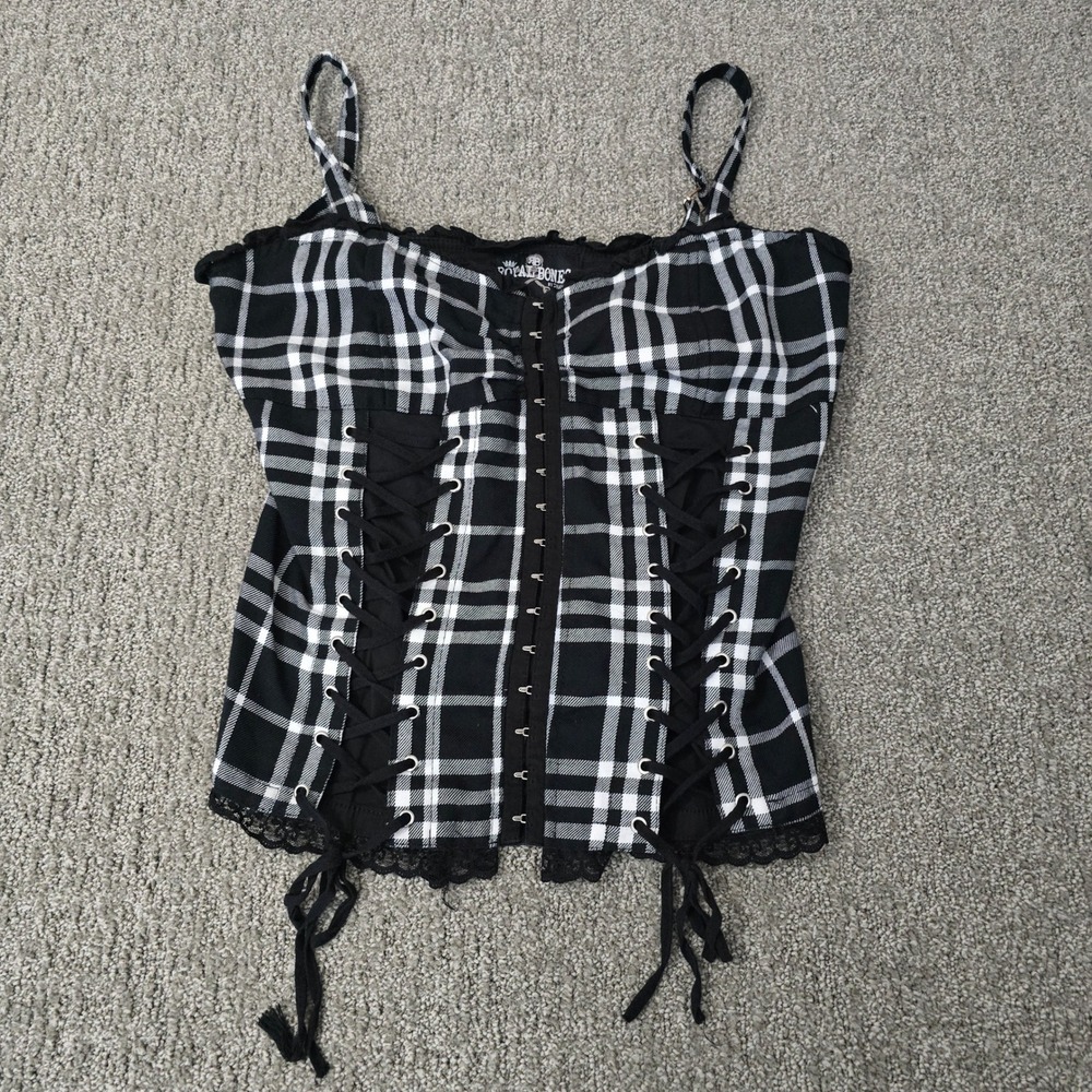 Royal Bones Black White Plaid Corset Top Lace Up Hook Eye Goth Punk Large